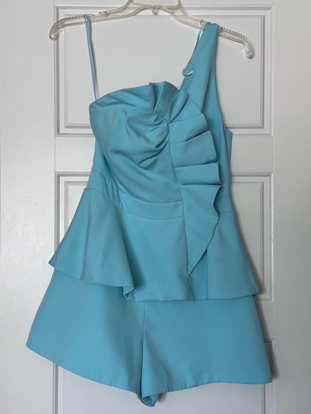 Women’s One-Shoulder Light Blue Ruffle Romper - Size S